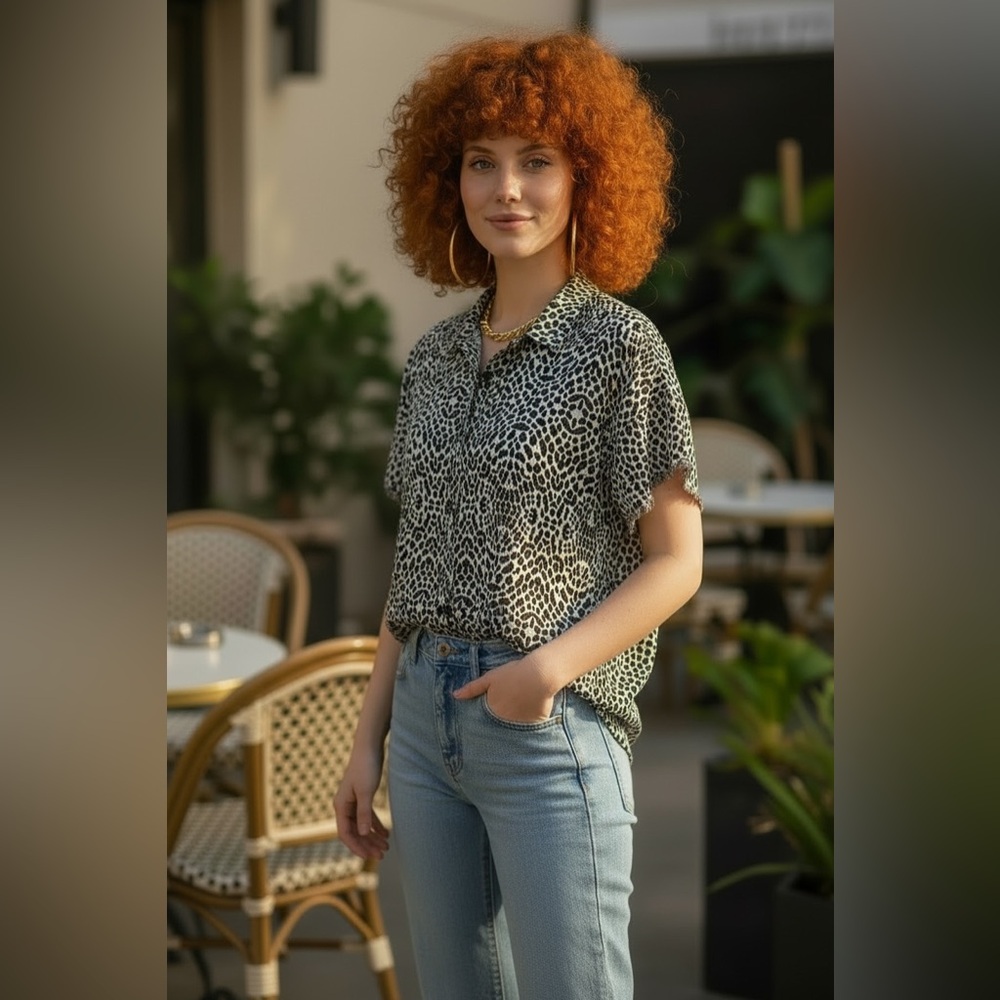 Philosophy Anthropologie Black Taupe White Animal Print Collared Blouse